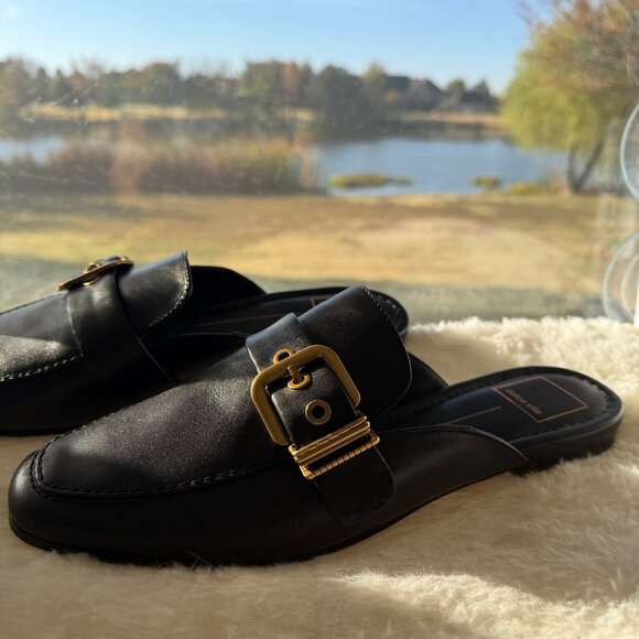 Dolce Vita Black Leather Mules With Gold Buckle Detail Size 8.5 - Picture 4 of 10